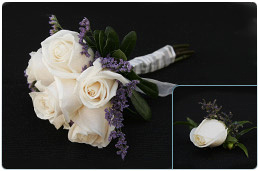 A 10 - 6 White Rose Bouquet & Bout with Purple Status